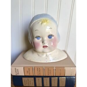 Vintage‎ Ceramic Baby Head Vase With Blue Eyes and Blonde Hair Bonnet Planter